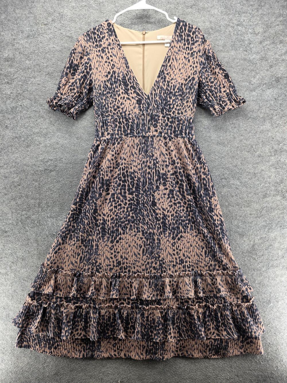 Hutch Dress Womens Small Animal Print Pleated Midi Ruffle Short Sleeve